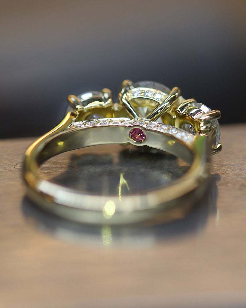 Phillip Jennings Jewellery Bespoke Handmade 18ct Three Stone Diamond Ring With Hidden Ruby And Diamond Details