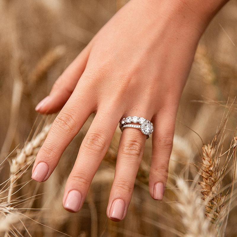 Phillip Jennings Jewellery Bespoke Handmade 4.5ct Round Diamond Eternity Wedding Ring And Natural Diamond Engagement Ring Lookbook Closeup
