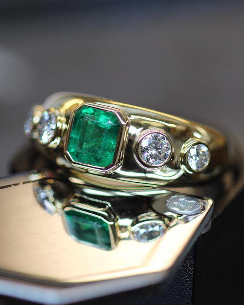 Phillip Jennings Jewellery Bespoke Handmade 18ct Yellow Gold Bombe Ring With Cushion Cut Green Emerald And Four Round Diamonds