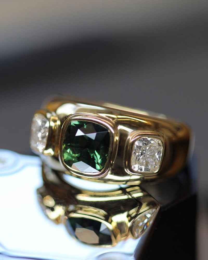 Phillip Jennings Jewellery Handmade 18ct Yellow Gold Bombe Ring With Cushion Cut Green Sapphire And Two Cushion Cut Diamonds