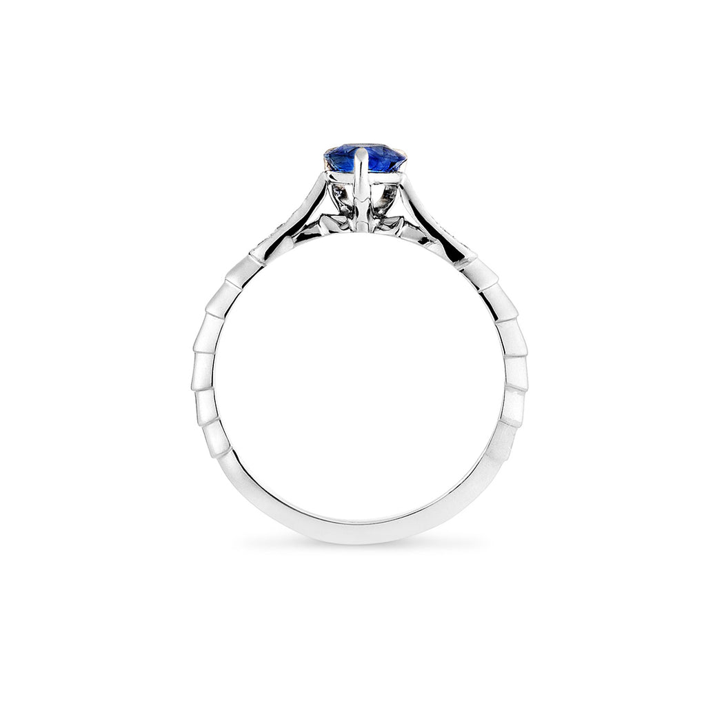 Phillip Jennings Jewellery Handmade Bespoke Ceylon Sapphire And Diamond Engagement Ring In Platinum On White Background Side View